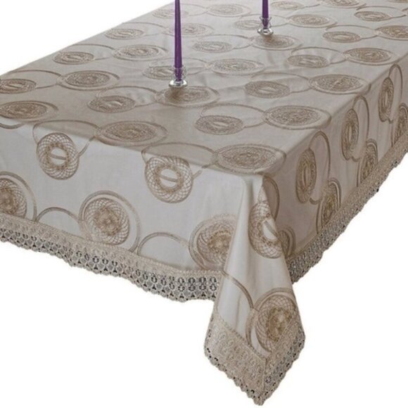 52”x70” Sheer Glitter Gold Embroidery Tablecloth/ Crochet Border - Picture 1 of 2